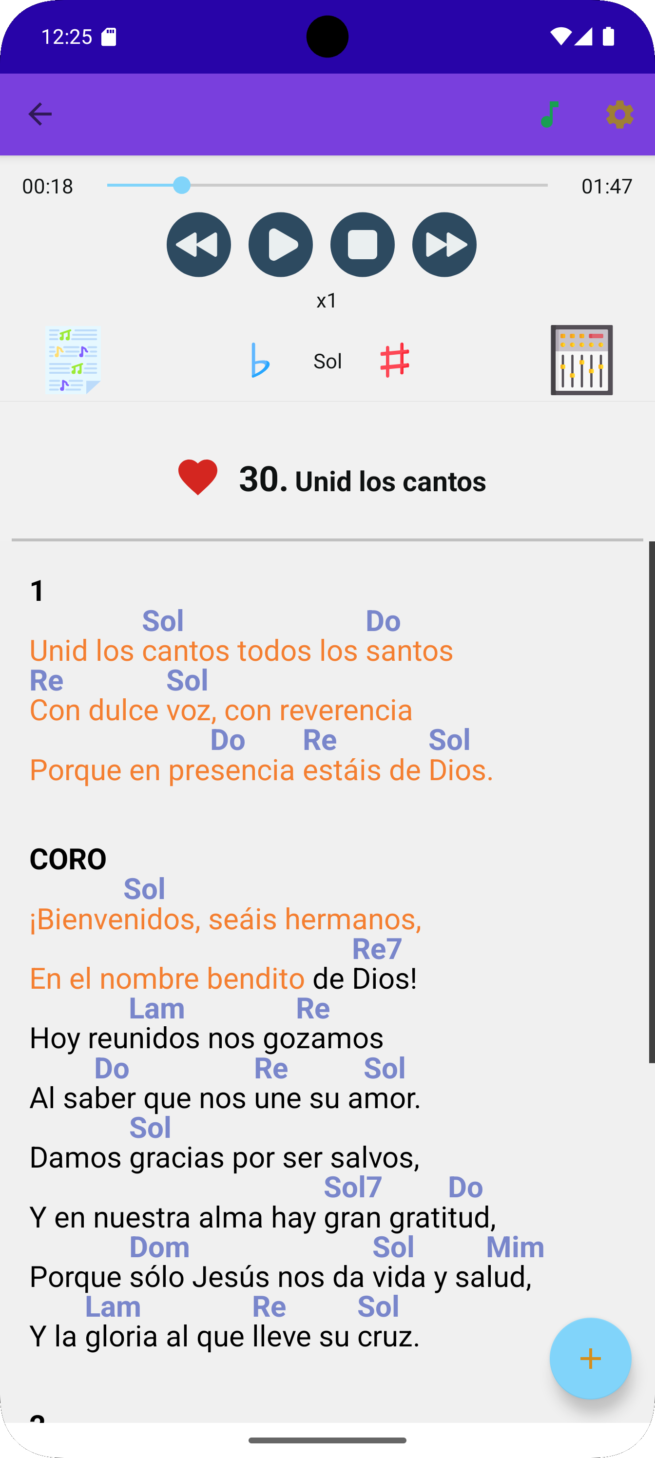 MIDI player with synchronized lyrics, chords, and rehearsal controls